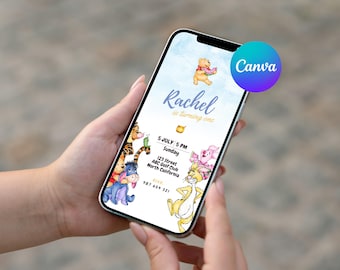 Invitación de cumpleaños de Winnie the Pooh, plantilla móvil editable para fiesta infantil, descarga digital instantánea, invitación vintage para teléfono W1 #056