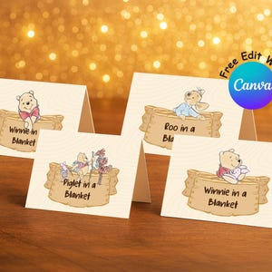 Marque-places Winnie l'ourson. Étiquettes classiques pour aliments pour oursons. Cartes de visite, cartes de tente modifiables. Décorations non sexiste imprimées FT #053