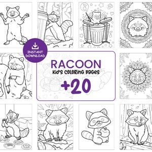 20 Waschbären Malseiten für Kinder - Malbuch von niedlichen Tieren, Waldaktivität, Sofort-Download PDF JPG #124