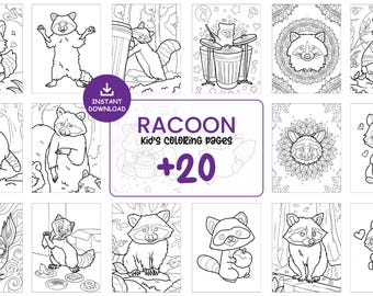 20 Raccoon Coloring Pages for Kids – Cute Animal Printable Coloring Book, Woodland Activity Sheets, Instant Download PDF JPG #124