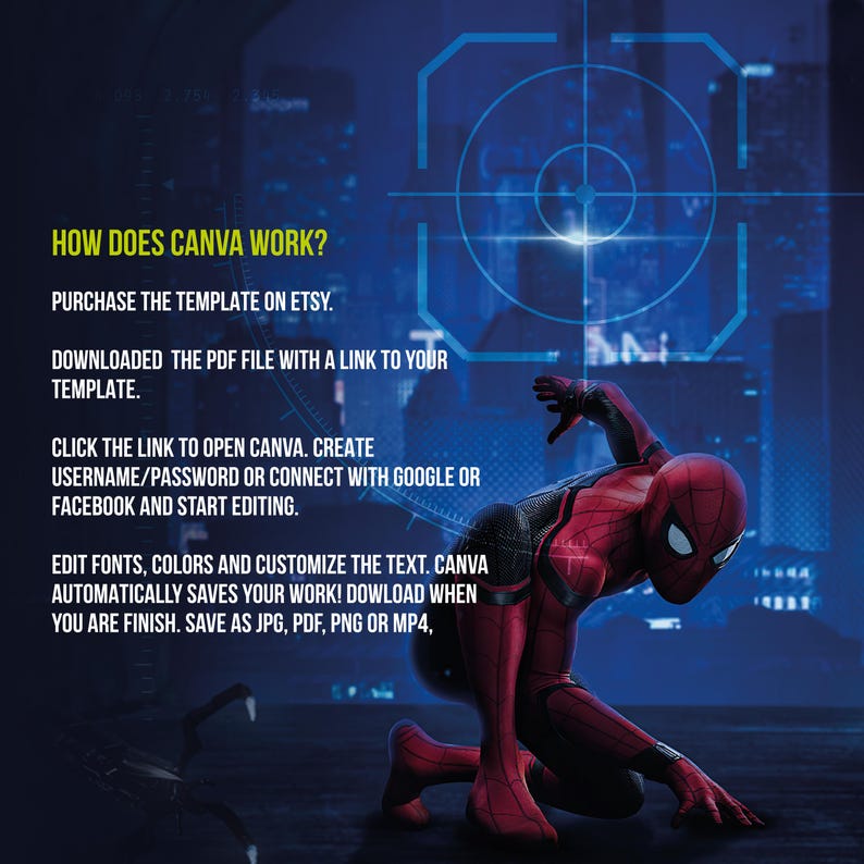 May include: A digital graphic with the text "HOW DOES CANVA WORK?" and instructions for using a template purchased on Etsy. A red and black Spider-Man figure is in the foreground. The background is a dark blue cityscape with a target graphic.