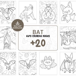 May include: A collection of black and white bat-themed coloring pages for kids. The pages feature various bat illustrations, including bats hanging upside down, flying, and perched on pumpkins. The text "BAT Kids' coloring pages +20" is also visible.