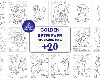 Golden Retriever Coloring Pages for Kids Printable Dog Activity Sheets Cute Puppy Art Instant Download PDF JPG Animal Coloring Book Set #132