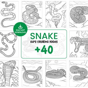 Może przedstawiać: Zestaw czarno-białych stron do kolorowania przedstawiających różne ilustracje węży. Tytuł "SNAKE Kid's Coloring Pages +40" jest wyświetlany u góry strony.