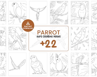 Papagei Malseiten für Kinder, Tropische Vögel Set,Pädagogische Dschungeltiere, lustige Aktivität Blätter, digitale PDF, Sofort-Download #095