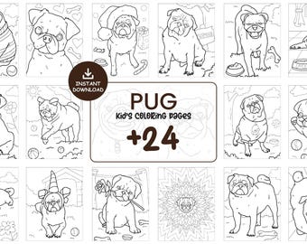 Pagine da colorare con carlini per bambini, stampabili, confezione da 24 fogli con simpatici cani, download immediato in formato JPG e PDF, attività artistiche con animali divertenti per i più piccoli #060