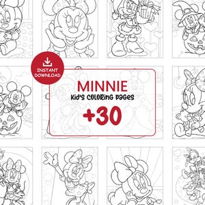 May include: A collection of black and white Minnie Mouse coloring pages. The pages feature various poses and themes, including holiday and everyday scenes. The text "MINNIE Kid's coloring pages +30" is displayed in the center of the image, indicating the content.