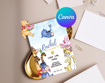 Winnie the Pooh Birthday Invitation, Editable Winnie the Pooh Invitation, Printable Birthday Party Invitation, Digital Invitation W1 #054