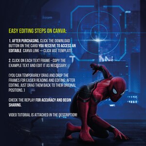 May include: A digital graphic with instructions for editing on Canva. The text is in yellow and white, set against a blue background with a Spider-Man figure. The steps include downloading a template and editing text frames.