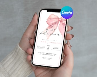 Pink Bow Baby Shower Evite Template, Editable Digital Invitation For Girl, Coquette Baby Shower Invite, Instant Download, Girl Party B1 #015