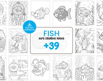 Fish Coloring Pages for Kids Printable Ocean Animal Activity Sheets Fun Aquarium Art Instant Download PDF JPG Underwater Coloring Book #138