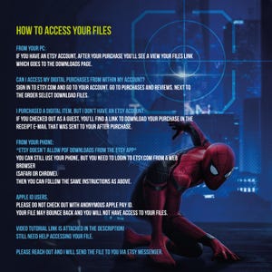 May include: A digital file access guide with text on a blue background. The text explains how to access files purchased on Etsy from a PC, phone, and Apple ID. A Spider-Man figure is in the lower right corner.