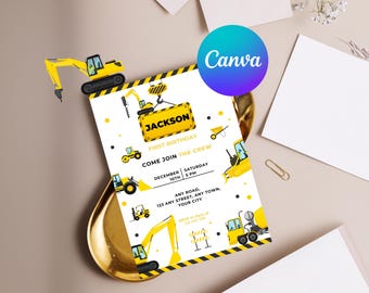 Construction Invitation, Construction Birthday Invitations, Dump Truck Party Invite, Printable Template, Editable Canva #025
