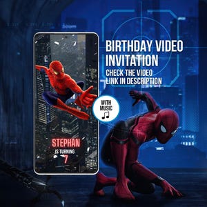 May include: A digital birthday video invitation featuring Spider-Man. The invitation includes the text "BIRTHDAY VIDEO INVITATION" and "CHECK THE VIDEO LINK IN DESCRIPTION". The name "STEPHAN" and the number "7" are also displayed.