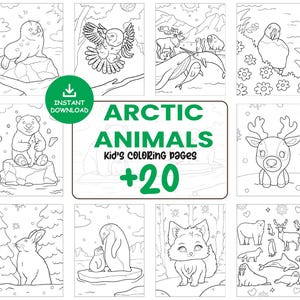May include: A collection of black and white line art coloring pages featuring arctic animals. The pages include illustrations of a seal, owl, polar bear, reindeer, fox, and more. The words "Arctic Animals" and "Kid's Coloring Pages" are displayed in green text.