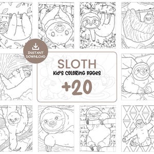 Sloth Coloring Pages for Kids, 20 Cute Animal Coloring Sheets, Printable Jungle Fun Activity, Instant Download Digital Art Pack #058