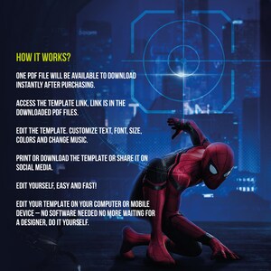 May include: A digital template advertisement featuring a red and black Spider-Man character in a dynamic pose. The background is a gradient of blues with text explaining how the template works, including customization and download instructions.
