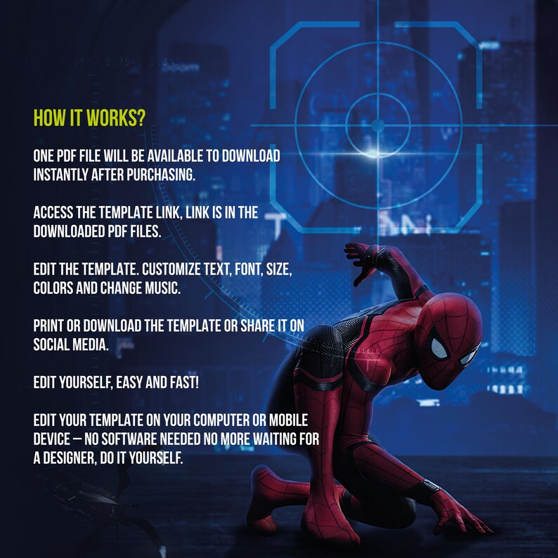 May include: A digital template advertisement featuring a red and black Spider-Man character in a dynamic pose. The background is a gradient of blues with text explaining how the template works, including customization and download instructions.