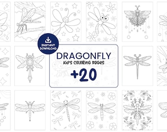 Dragonfly Coloring Pages for Kids – 20 Printable Insect Sheets, Cute Bug Coloring Book PDF JPG, Instant Download Activity #106
