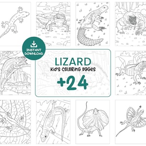 Op de afbeelding: Zwart-wit illustraties van verschillende hagedissen, geschikt voor kleuractiviteiten voor kinderen. De afbeelding bevat de tekst "Hagedis Kinder kleurplaten +24" en een "Direct downloaden" knop. Ideaal voor creatieve bezigheden.