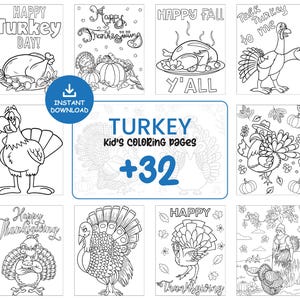 May include: A selection of black and white line art colouring pages with a Thanksgiving theme. The pages feature turkeys, pumpkins, and festive phrases like "Happy Turkey Day!" and "Happy Fall Y'all". The image includes the text "Turkey Kids Colouring Pages +32".