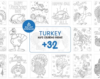 Turkije kleurplaten voor kinderen – 32 afdrukbare Thanksgiving-bladen, schattige herfstoogstkunst, digitaal kleurboek pdf direct downloaden #099