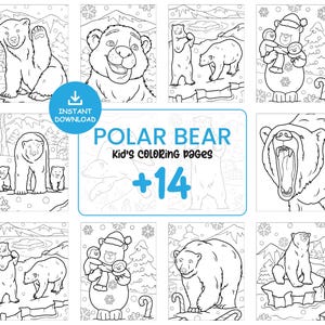 Eisbär Malseiten für Kinder Printable PDF JPG, 14 niedliche Winter-Tier Blätter, Sofort-Download Kleinkind Buch Aktivitäten #079