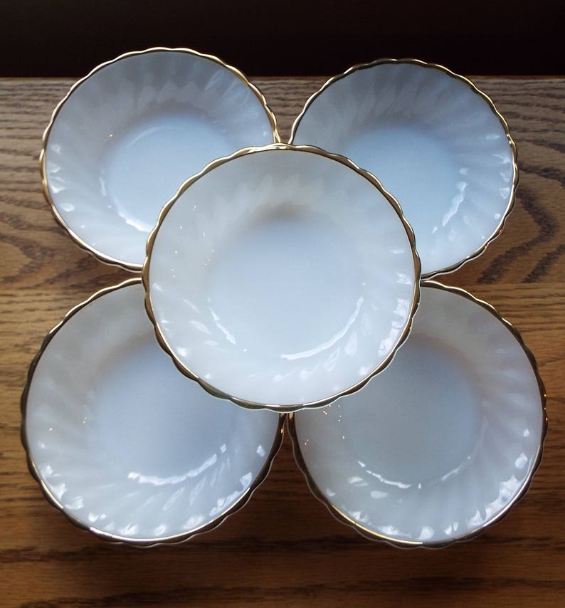 Vintage Anchor Hocking ClassicRachael design~Set of 5 Fruit Bowls with 22Kt Gold Trim