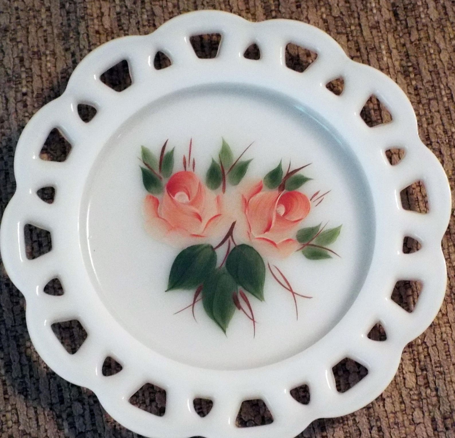 Vintage Hand Painted Milk Glass Plate Etsy