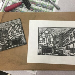 Impresión original de Linocut de Weinheim, Alemania