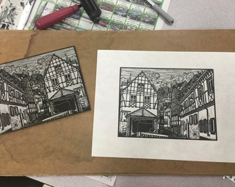 Original Linocut Print of Weinheim, Germany