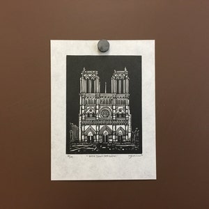 Orignal Linocut Impresión de la Catedral de Notre Dame en París, Francia