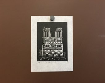 Orignal Linocut Print of Notre Dame Cathedral in Paris, France