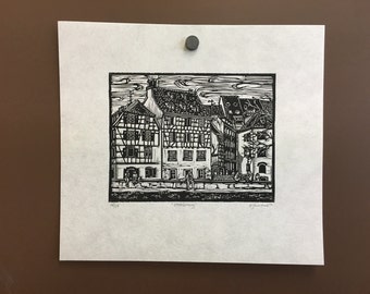 Original Linocut Print of Strasbourg, France