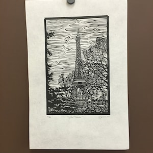 Paris Eiffel Tower Original Linocut Print image 2