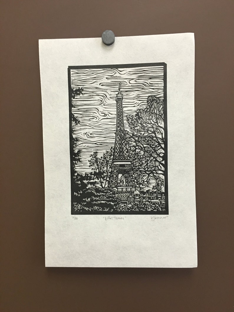 Paris Eiffel Tower Original Linocut Print image 2