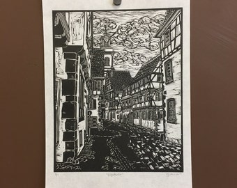 Original Linocut Print of Riquewihr, France