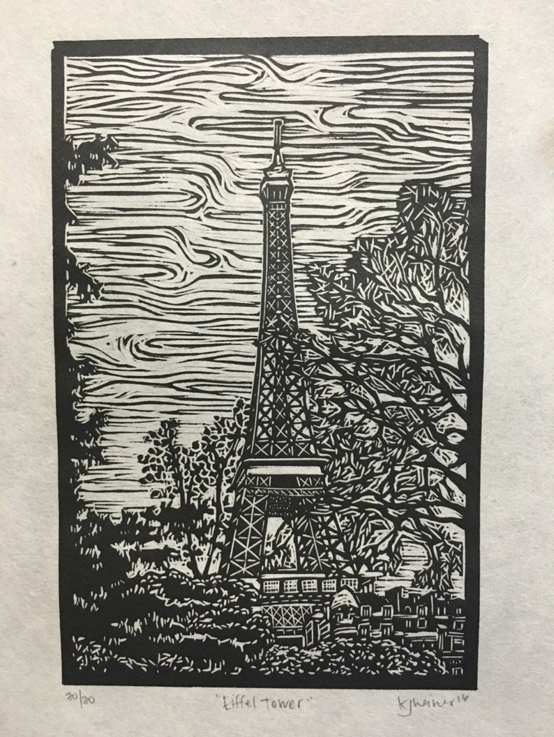 Paris Eiffel Tower Original Linocut Print image 3