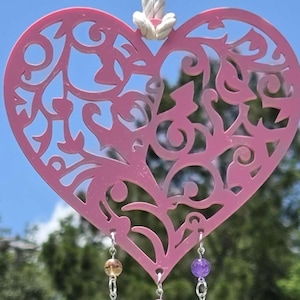 Pink Heart Suncatcher with Butterfly Beads | Romantic Window or Garden Decor