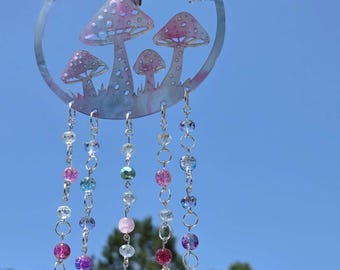 Fairy Mushroom Suncatcher with Rainbow Beads | Whimsical Window or Garden Decor