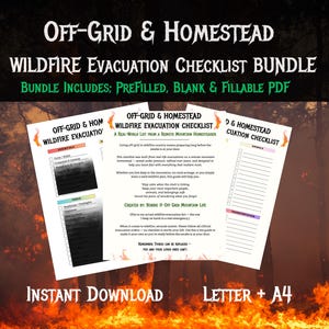 以下が含まれることがあります： 「Off-Grid & Homestead Wildfire Evacuation Checklist」というタイトルのデジタルダウンロードバンドル。バンドルには、事前に入力された、空白の、入力可能なPDFチェックリストが含まれています。画像は燃えるような背景と「Instant Download」と「Letter + A4」というテキストが特徴です。