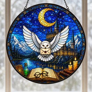 May include: A circular stained glass panel featuring a white owl in flight carrying a sealed envelope. The background depicts a castle, mountains, a crescent moon, and a starry night sky. In the foreground, an open book, glasses, candles, and a potion bottle are visible.