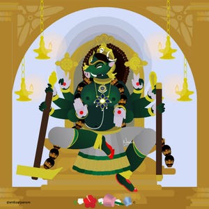 May include: A green deity with multiple arms sits on a golden throne. The deity has a boar's head and wears a crown, jewelry, and a green skirt. The deity is surrounded by golden lamps.