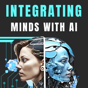 May include: Book cover with the title "Integrating Minds with AI" in blue and white text. The cover features a split image of a human and a robot face, both looking to the right. The background is a dark gray with blue and white circuit board patterns.