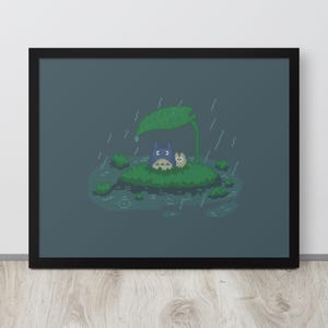 Pixel-Art-Poster im Totoro-Stil | 8-Bit-Kunst, die einen Wald darstellt, der vor dem Regen schützt | Retro-Anime-Stil x japanische Ruhe x matter Papierdruck