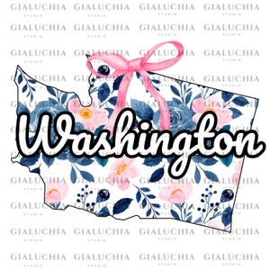 Aquarell Blumenkarte von Washington png, Kokette Ästhetische Schleife png, Nette Feminine Zustandsumreiß Clipart, Trendiges Girly Zustandsdesign