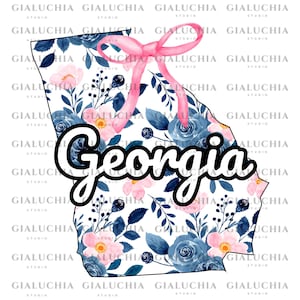 Carte d'état floral aquarelle de la Géorgie png, noeud esthétique coquette png, Clipart de contour d'état féminin mignon, conception d'état girly à la mode