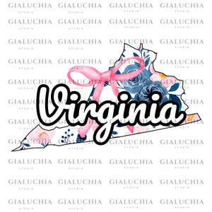 Watercolor Floral State Map of Virginia png, Coquette Aesthetic Bow png, Cute Feminine State Outline Clipart, Trendy Girly State Design