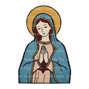 May include: Embroidered patch featuring a depiction of the Virgin Mary with a gold halo. The figure is dressed in a blue robe with gold stars, with hands clasped in prayer. The patch has a detailed, stitched design.