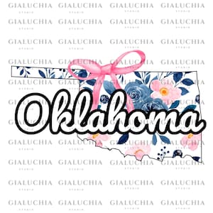 May include: A white outline of the state of Oklahoma with a pink bow and blue and pink floral pattern. The word "Oklahoma" is written in black cursive letters.